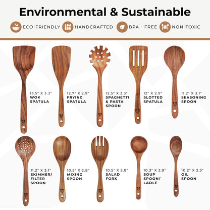 Wooden Spoons for Cooking, Kitchen Utensil Set, 10 Pcs Cooking Utensils Set for Nonstick Pans & Cookware – Study Teak Wood, Lightweight & Heat Resistant - Available at All In One Marketplace Canada