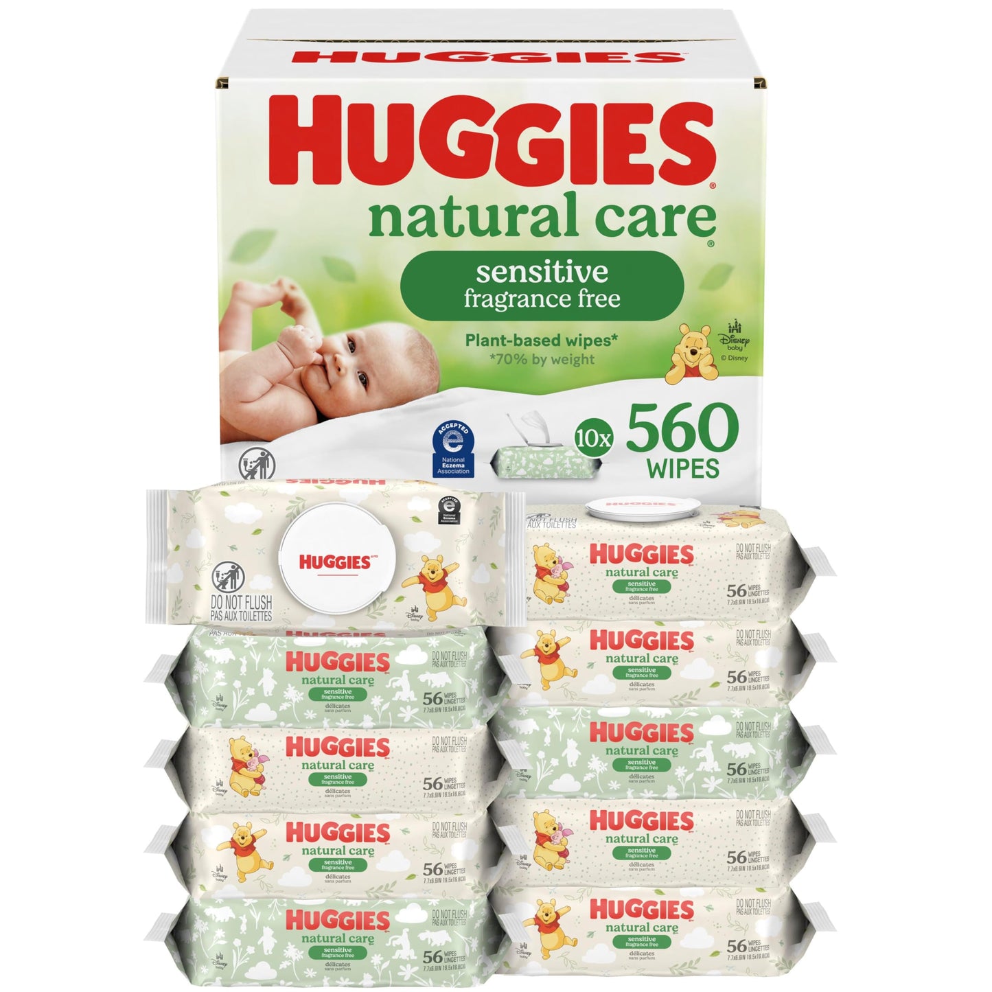 Huggies Sensitive Baby Wipes, Natural Care Baby Diaper Wipes, Unscented, Hypoallergenic, 99% Purified Water, 10 Flip-Top Packs (560 Wipes Total)
