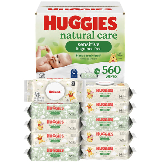 Huggies Sensitive Baby Wipes, Natural Care Baby Diaper Wipes, Unscented, Hypoallergenic, 99% Purified Water, 10 Flip-Top Packs (560 Wipes Total)