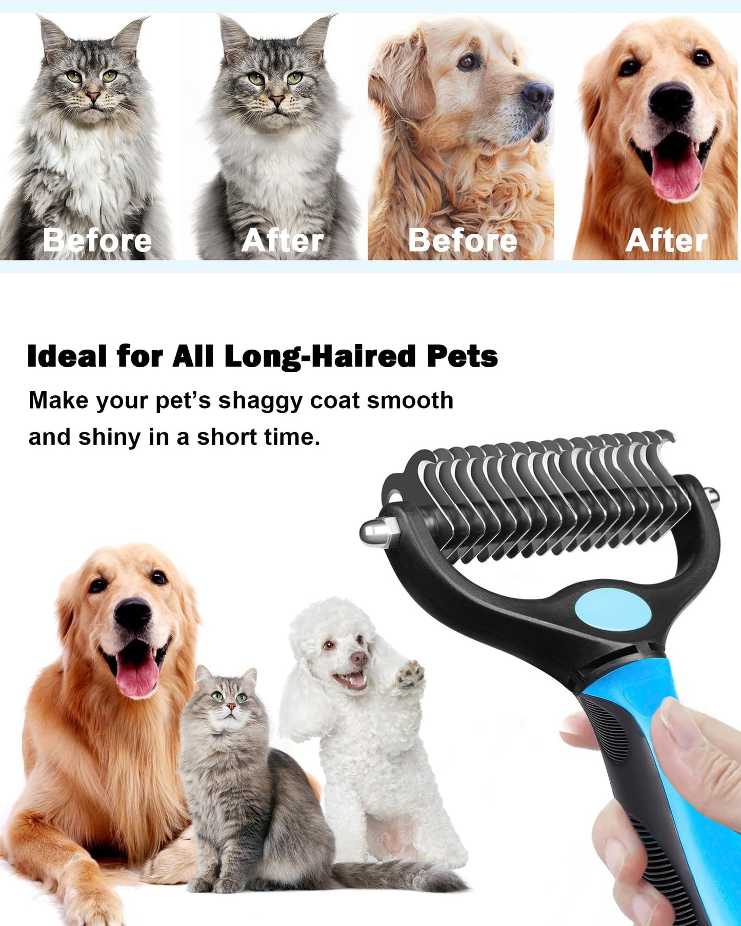 Dog and Cat Brush for Shedding and Dematting - Deshedding Undercoat Rake for Long Haired Dogs and Cats, Double Sided Pet Grooming Brush with Steel Comb, Blue