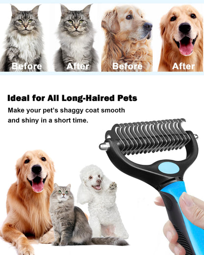 Dog and Cat Brush for Shedding and Dematting - Deshedding Undercoat Rake for Long Haired Dogs and Cats, Double Sided Pet Grooming Brush with Steel Comb, Blue
