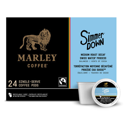 Marley Coffee Single Serve K-Cup Compatible Capsules, Simmer Down Decaf, Swiss Water Process, Medium Roast, 24 Count Marley Coffee