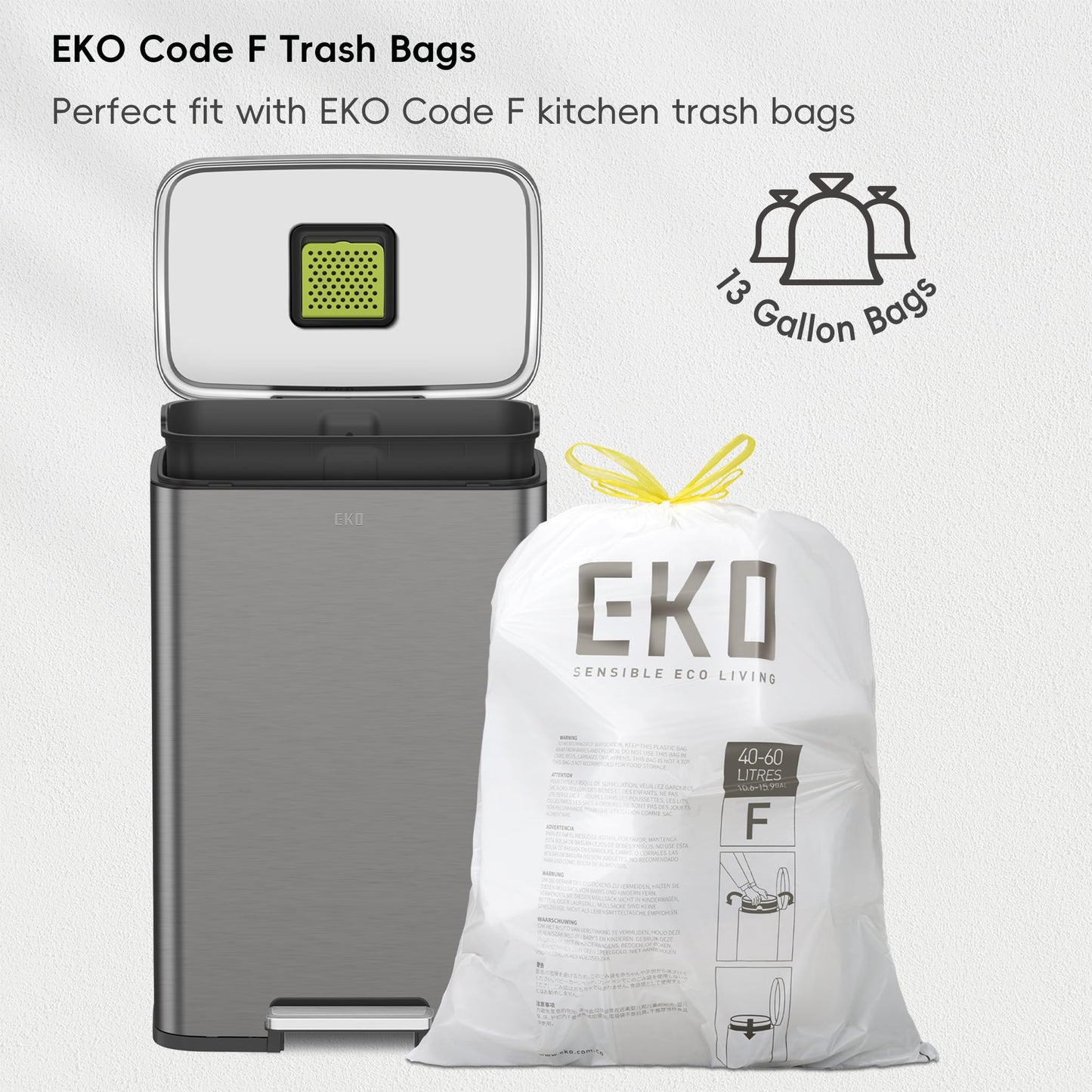 EKO Madison Gunmetal Steel 50 Liter/13.2 Gallon Step Trash Can with Inner Liner - Fingerprint Resistant Finish EKO