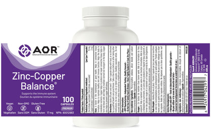 AOR Zinc Copper Balance 17mg, 100 V-Caps, 100-Day Supply - Nutrient Support for Skin, Hair, Bone & Overall Wellness, NON-GMO & Gluten-Free, Easy-to-Swallow, Zinc & Copper Supplements for Men & Women - Available at All In One Marketplace Canada