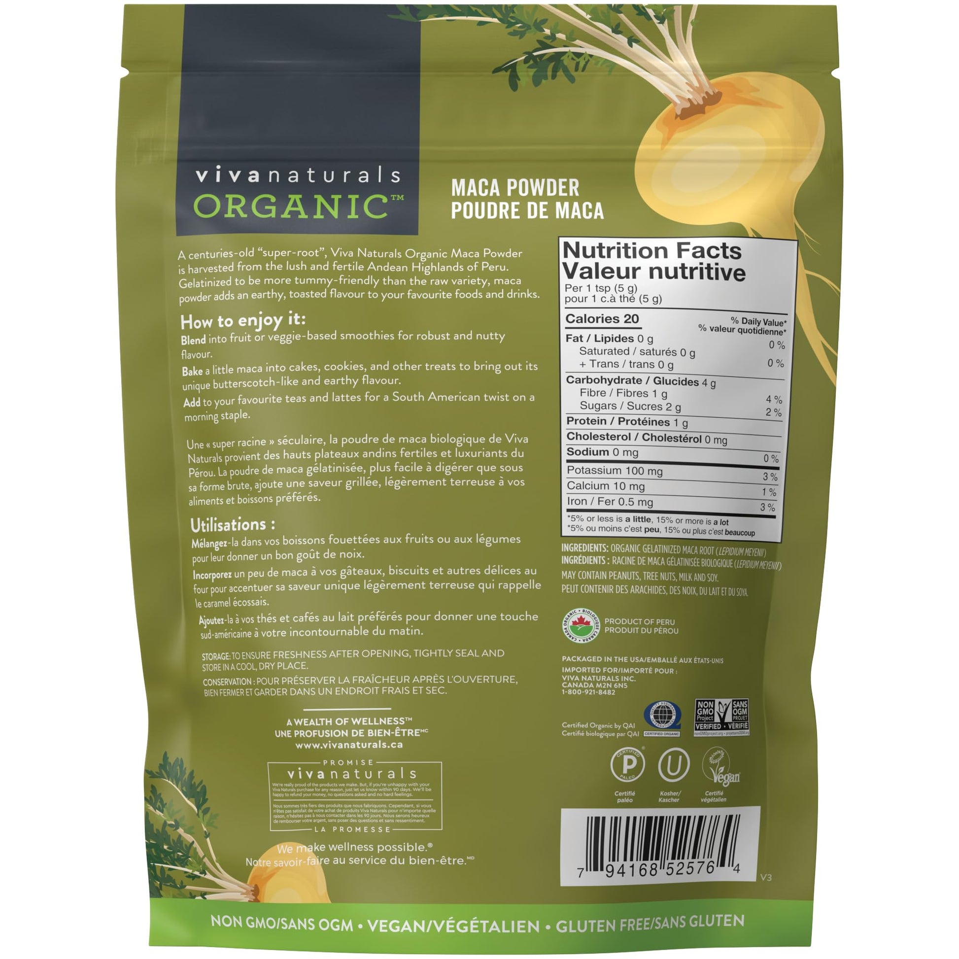 Viva Naturals Organic Maca Powder, Gelatinized Peruvian Maca Root Powder, Non-GMO, 1 lb Viva Naturals