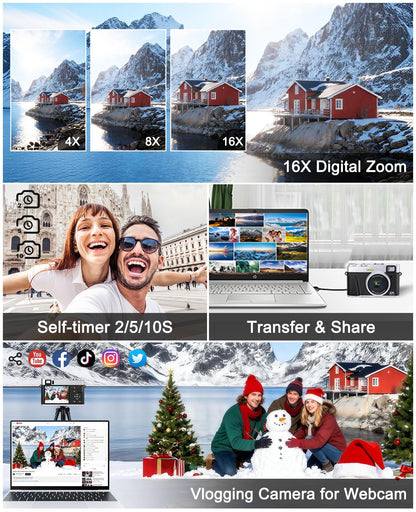 ToAuite 4K Digital Camera with Viewfinder, 48MP Autofocus Vlogging Camera for Photography and Video, Anti-Shake 16X Zoom Travel Portable Camera with Flash 32GB Card, Selfie YouTube Cameras with Dial - Available at All In One Marketplace Canada