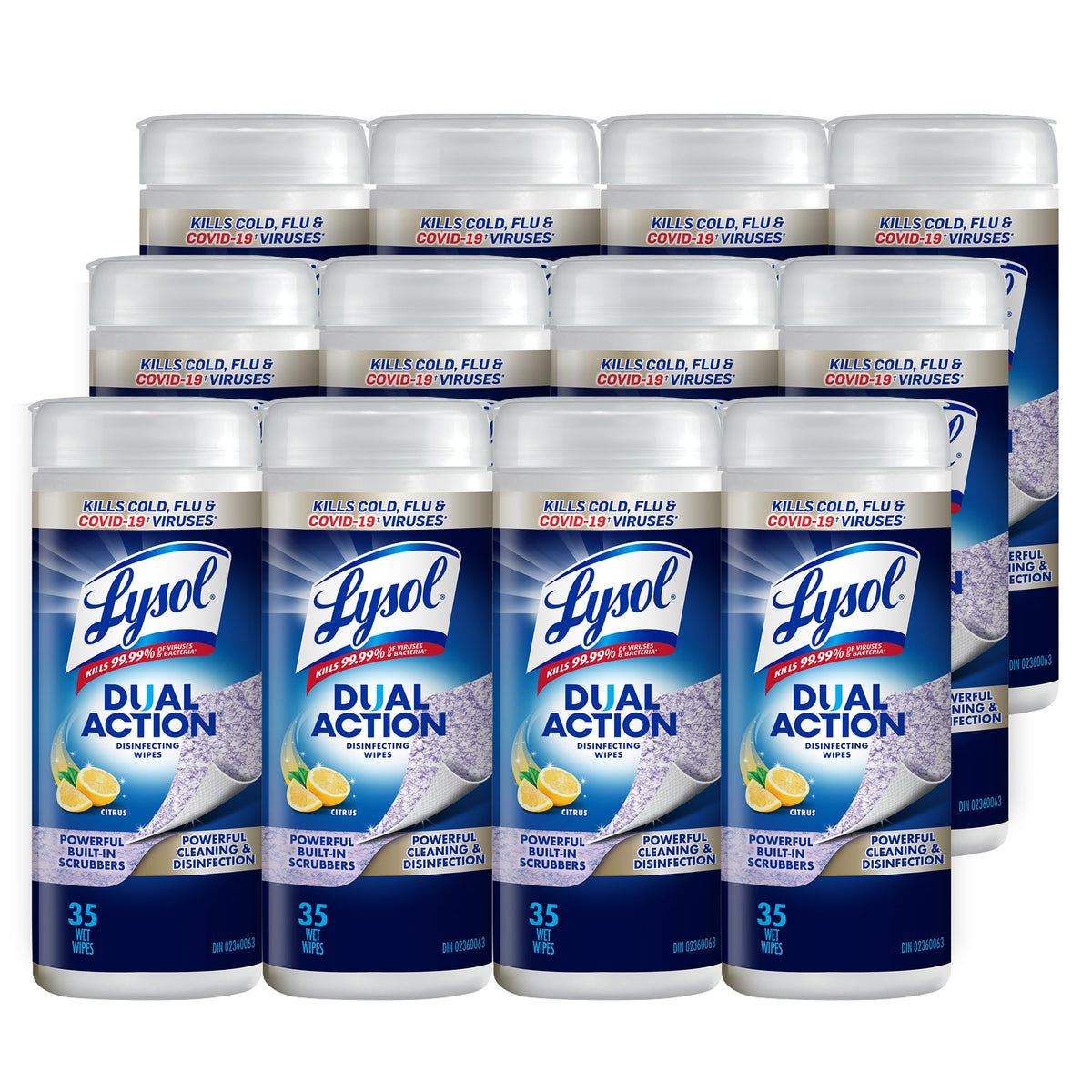 Lysol Dual Action Disinfecting Wipes, Scrubbing & Soft Texture, 12 X 35 ct