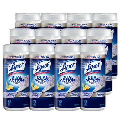 Lysol Dual Action Disinfecting Wipes, Scrubbing & Soft Texture, 12 X 35 ct