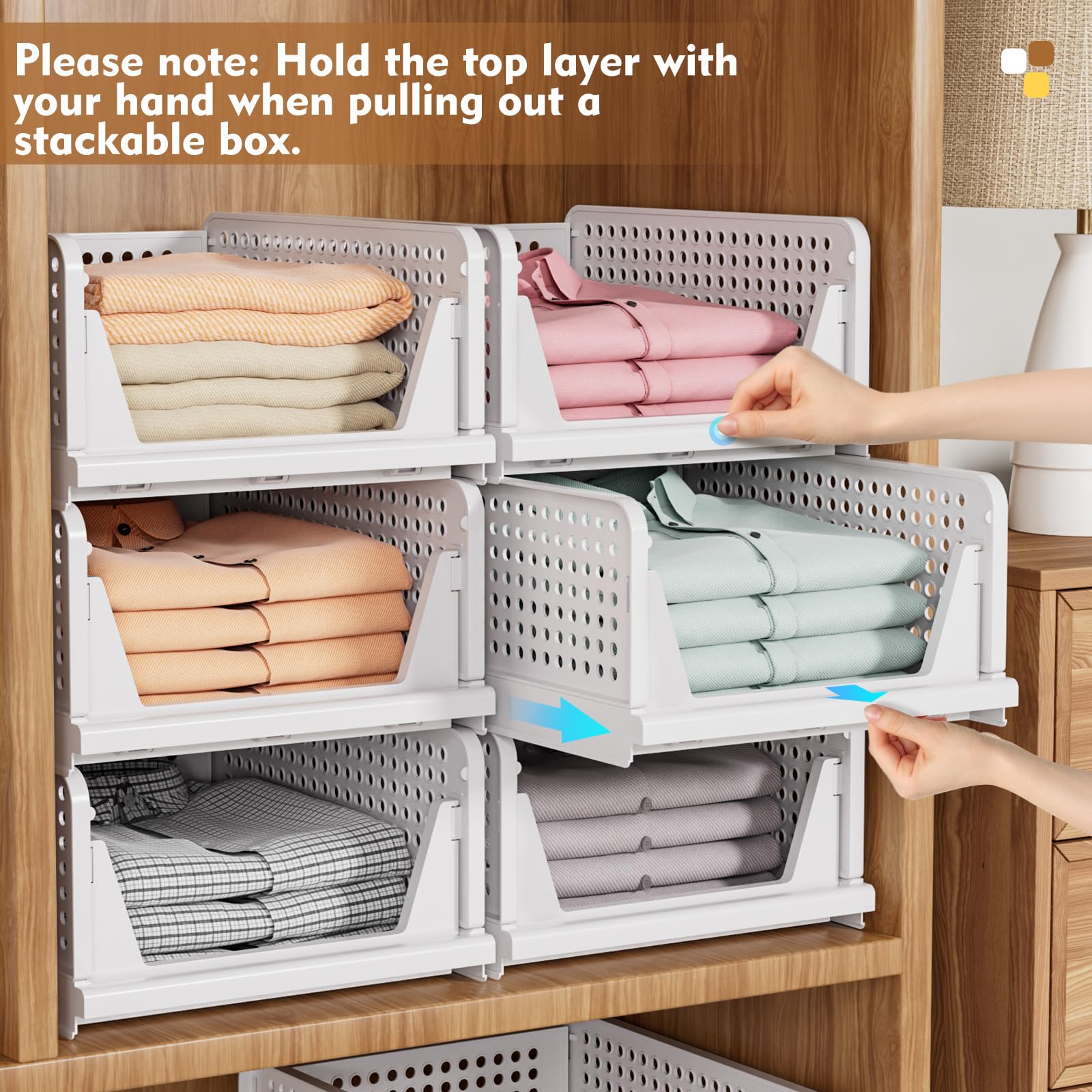 SNSLXH 5 Pack White Stackable Closet Organizer Box, Multifunctional & Foldable Storage Basket for Bathroom, Kitchen, Laundry Room, Wardrobe, Space-Saving Clothes Storage Drawer Organizer