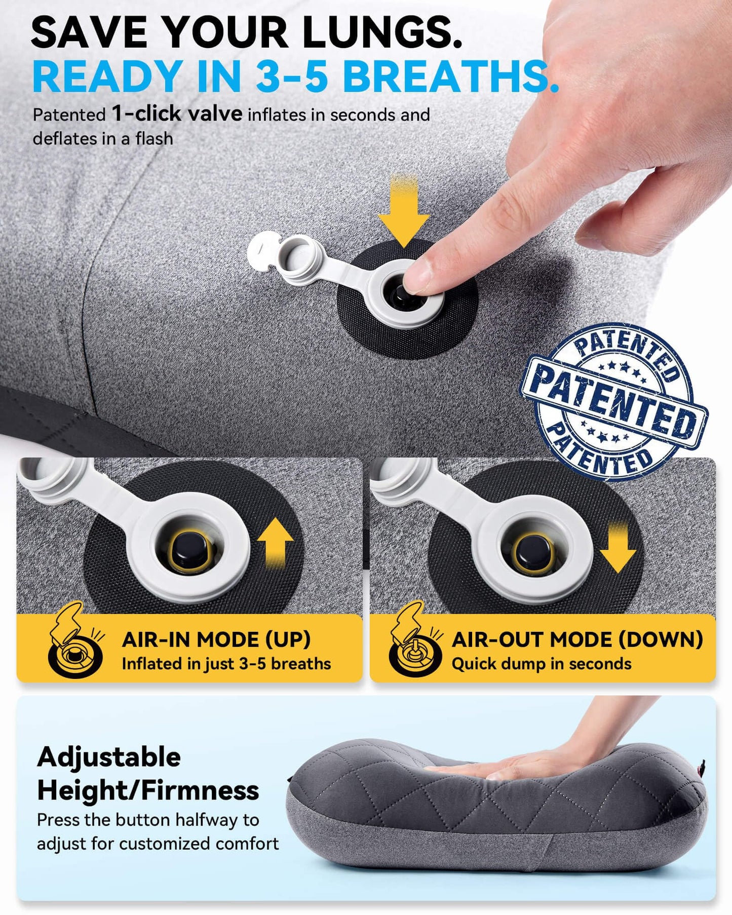 Hikenture Camping Pillow with Removable Cover-Ultralight Inflatable Pillow for Neck Lumber Support-Upgrade Backpacking Pillow-Washable Travel Air Pillows for Camping, Hiking, Backpacking (Grey)