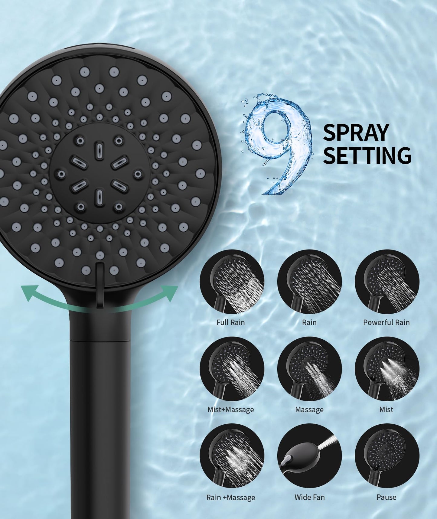 SR SUN RISE Filtered Shower Head with Handheld, High Pressure 9 Spray Mode Matte Black Showerhead with Filters, Detachable Shower Head,Water Softener Filters Beads for Hard Water - Remove Chlorine
