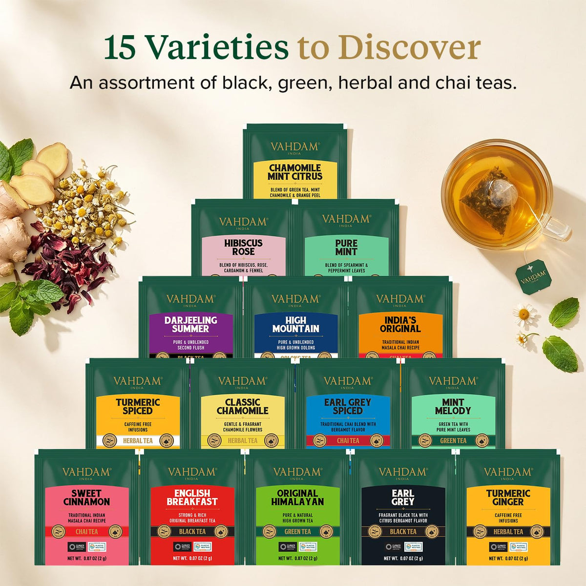 VAHDAM Assorted Tea Sampler (15 Unique Flavors in Pyramid Teabags) Tea Gift 🍁 All In One Marketplace Canada