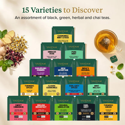 VAHDAM Assorted Tea Sampler (15 Unique Flavors in Pyramid Teabags) Tea Gift 🍁 All In One Marketplace Canada