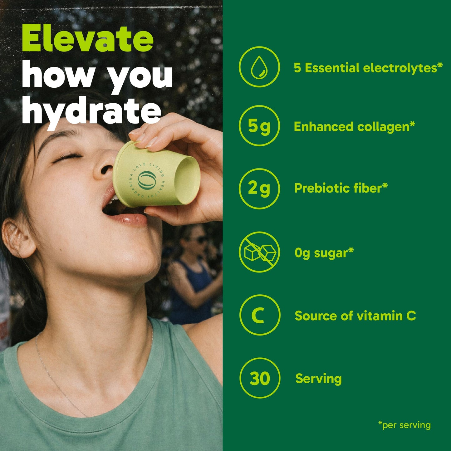 Organika Canadian-Made Electrolytes + Enhanced Collagen - Daily Hydration Powder with 5g of Collagen for Hair, Skin and Nails, 100% of Daily Vitamin C, Zesty Lemon Berry Flavour, 360 g, 30 Servings