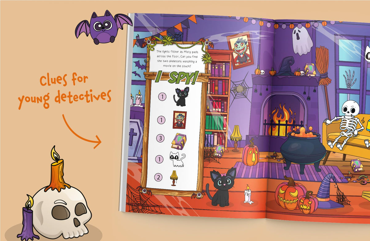 Jeu d'observation Halloween 2 en 1 : Trouvez des monstres amicaux et explorez le manoir hanté ! Un grand livre de cherche et trouve pour les tout-petits