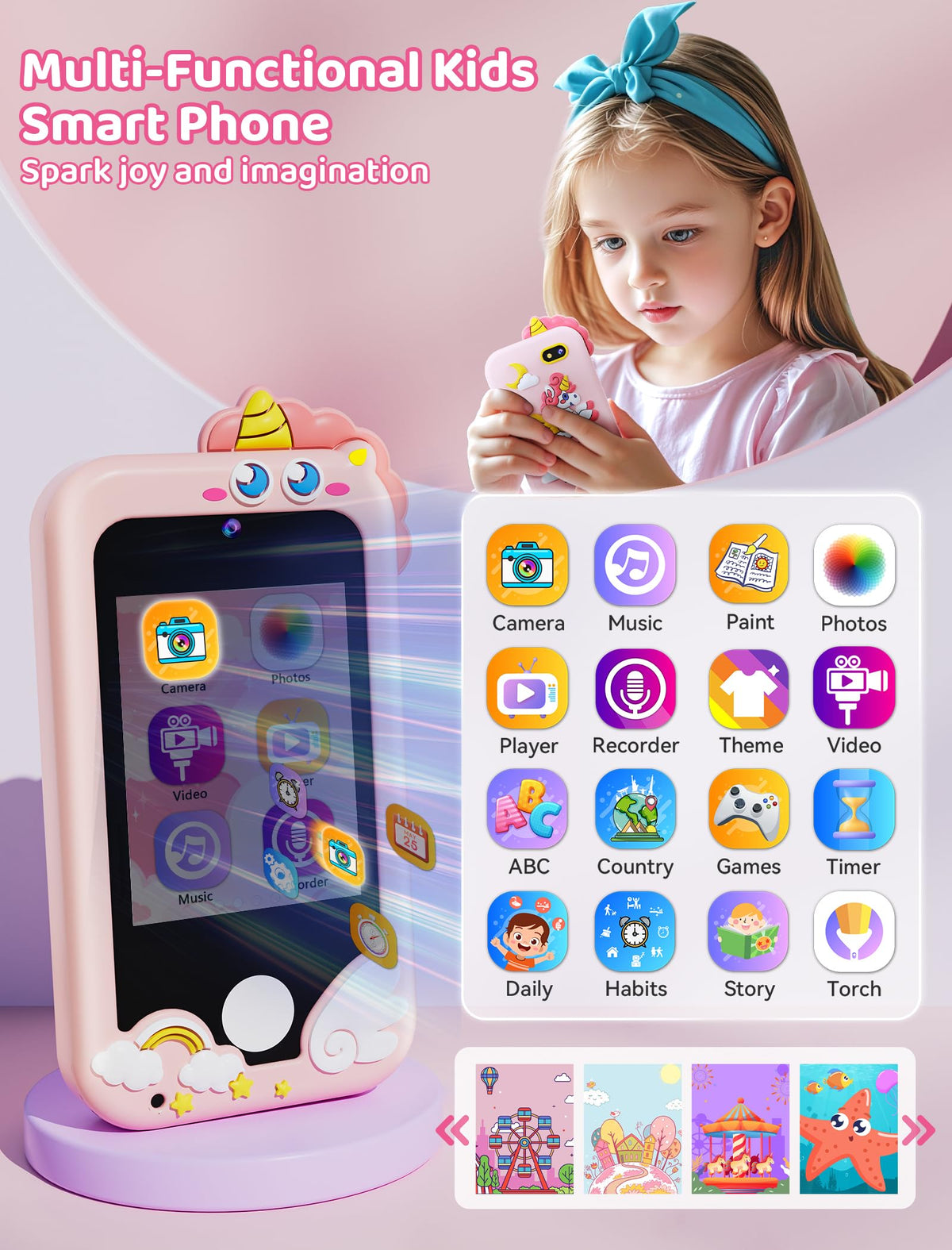 Kikidex Kids Smart Phone for Girls, Perfect Christmas Birthday Gifts for 3-8 Year Old Kids, Touchscreen Learning Play Toy Smartphone with Dual Camera, Puzzle Game, Music Player (Pink) 🍁 All In One Marketplace Canada