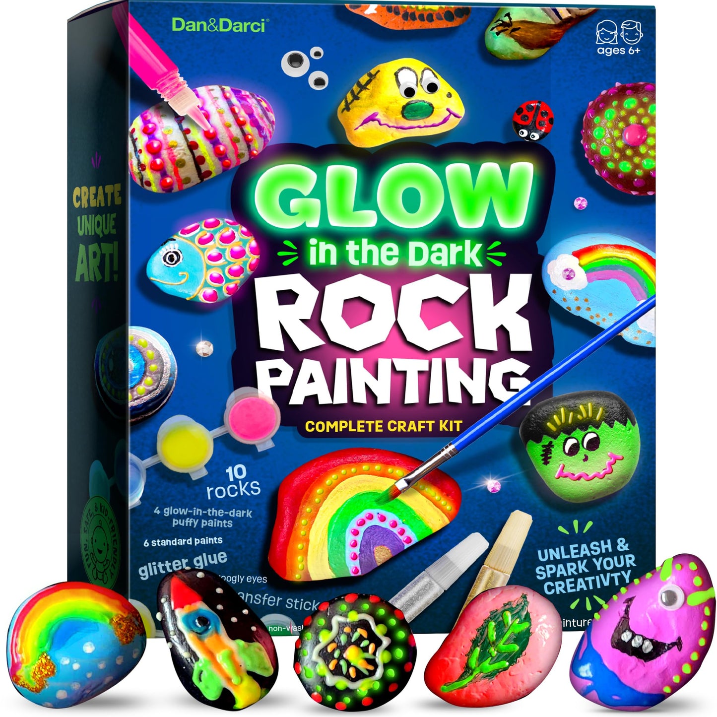 Kids Rock Painting Kit - Glow in The Dark - Arts & Crafts Christmas Gifts for Boys and Girls Ages 4-12 - Craft Activities Kits - Creative Art Toys for 4, 5, 6, 7, 8, 9, 10, 11 & 12 Year Old Kids (Glow In The Dark)