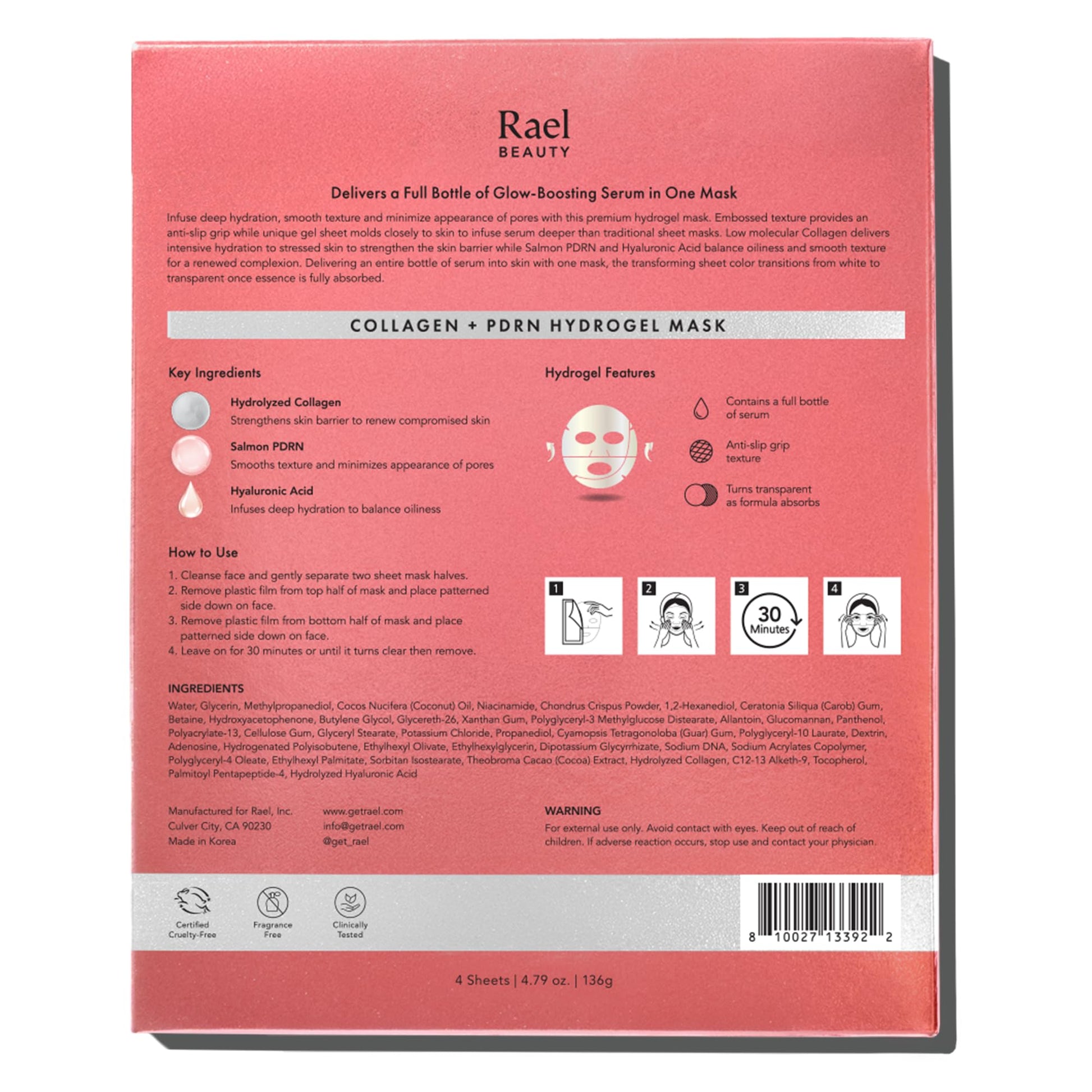 Rael Collagen PDRN Hydrogel Mask - Deep Hydration, Daily Face Masks for Face, Korean Skincare (4 Count) - Available at All In One Marketplace Canada