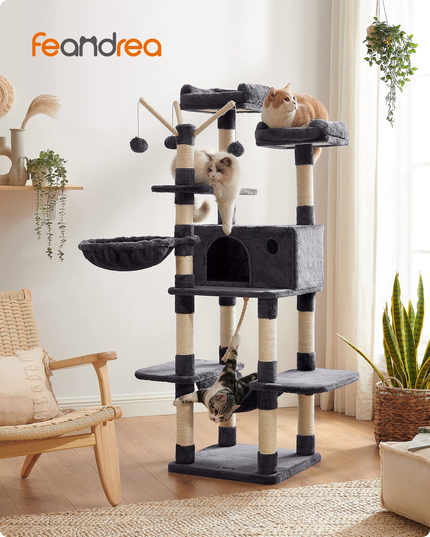 FEANDREA Cat Tree, Large Cat Tower, 64.6 Inches Cat Activity Center Feandrea