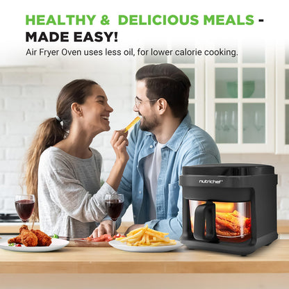 Nutrichef 5.8 Quart Air Fryer | 8-1 Preset Cook Modes | Transparent Fry Bowl for Best Cooking Results | Cook Shrimp, Steak, Fries, Wings, Chicken & More | Precise Temperature Control & Time | Black NutriChef