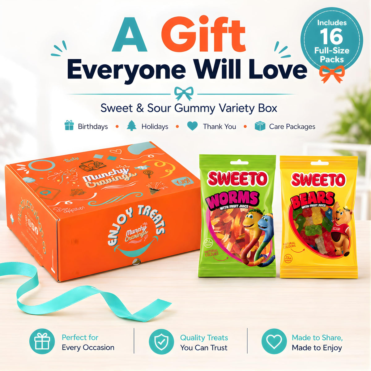 MunchyCravings Gummy Candy Variety Box (16 Packs, Up to 8 Flavours) – Snack Box with Sweet & Sour Gummies – Candy Gift Box for Men, Women, Kids & Adults – Care Package for Birthdays, Christmas & Halloween 🍁 All In One Marketplace Canada