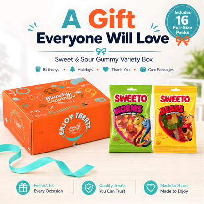 MunchyCravings Gummy Candy Variety Box (16 Packs, Up to 8 Flavours) – Snack Box with Sweet & Sour Gummies – Candy Gift Box for Men, Women, Kids & Adults – Care Package for Birthdays, Christmas & Halloween 🍁 All In One Marketplace Canada