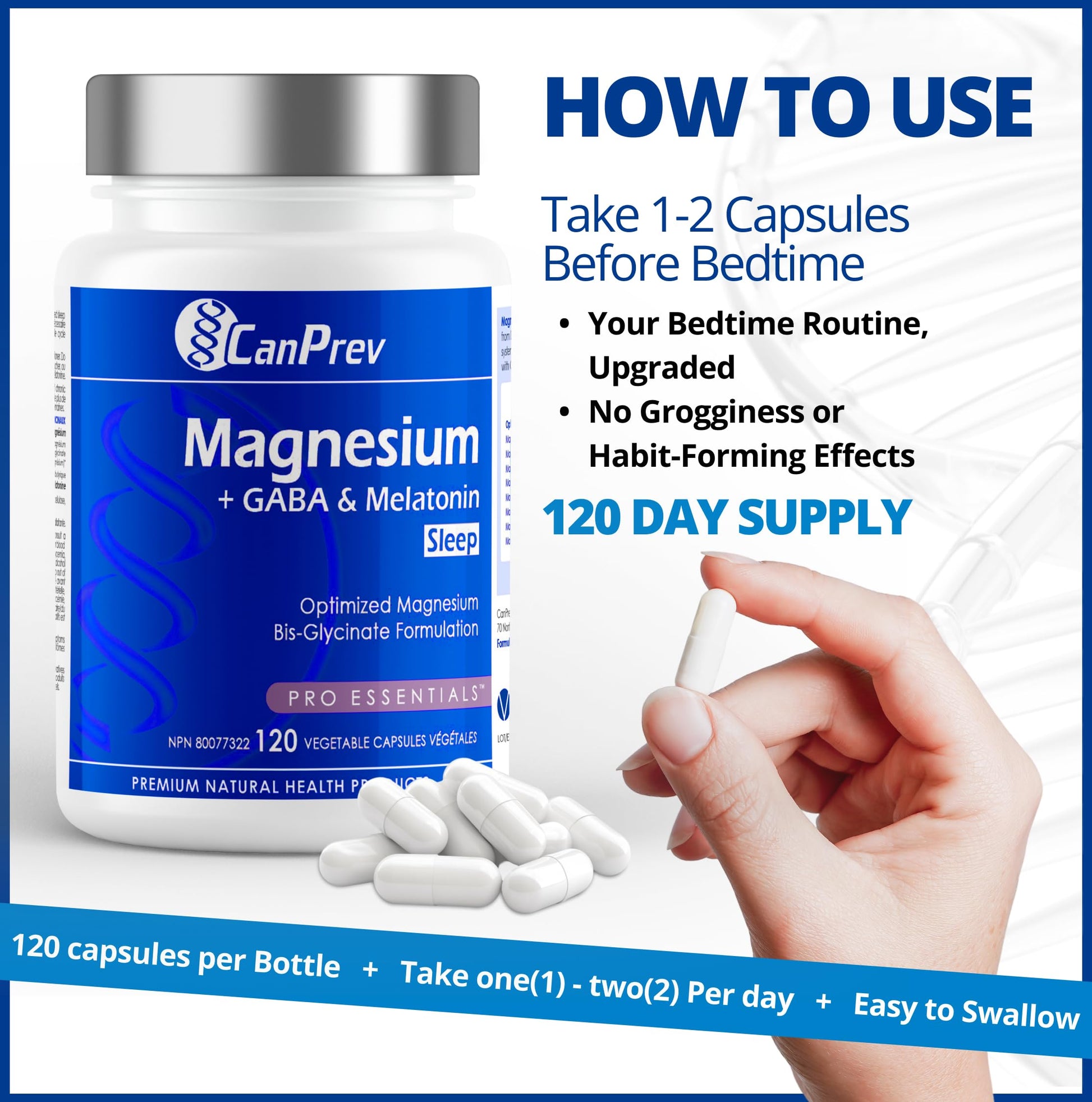 CanPrev Magnesium Bisglycinate Chelated + GABA & Melatonin, 120 Veg Caps, 120-Day Supply, Supports Restful Night, Muscle Function, Promote Relaxation & Balanced Sleep-Wake Cycle, Vegan, No GMO, Gluten - Available at All In One Marketplace Canada