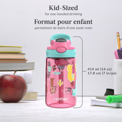 Contigo Kids Aubrey Straw Water Bottle with Leak-Proof Lid, BPA-Free Plastic, Dishwasher Safe, Azalea Jade Llama, 14 oz (414 mL)