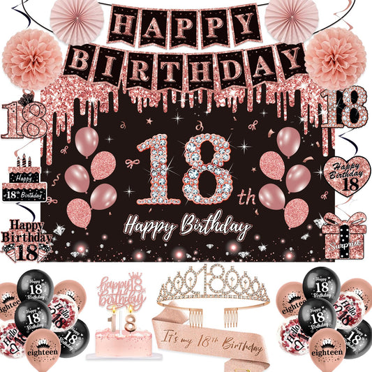 50Pcs 18th Birthday Decorations for Her, Rose Gold&Black Pre-Assembled Set. 🍁 All In One Marketplace Canada