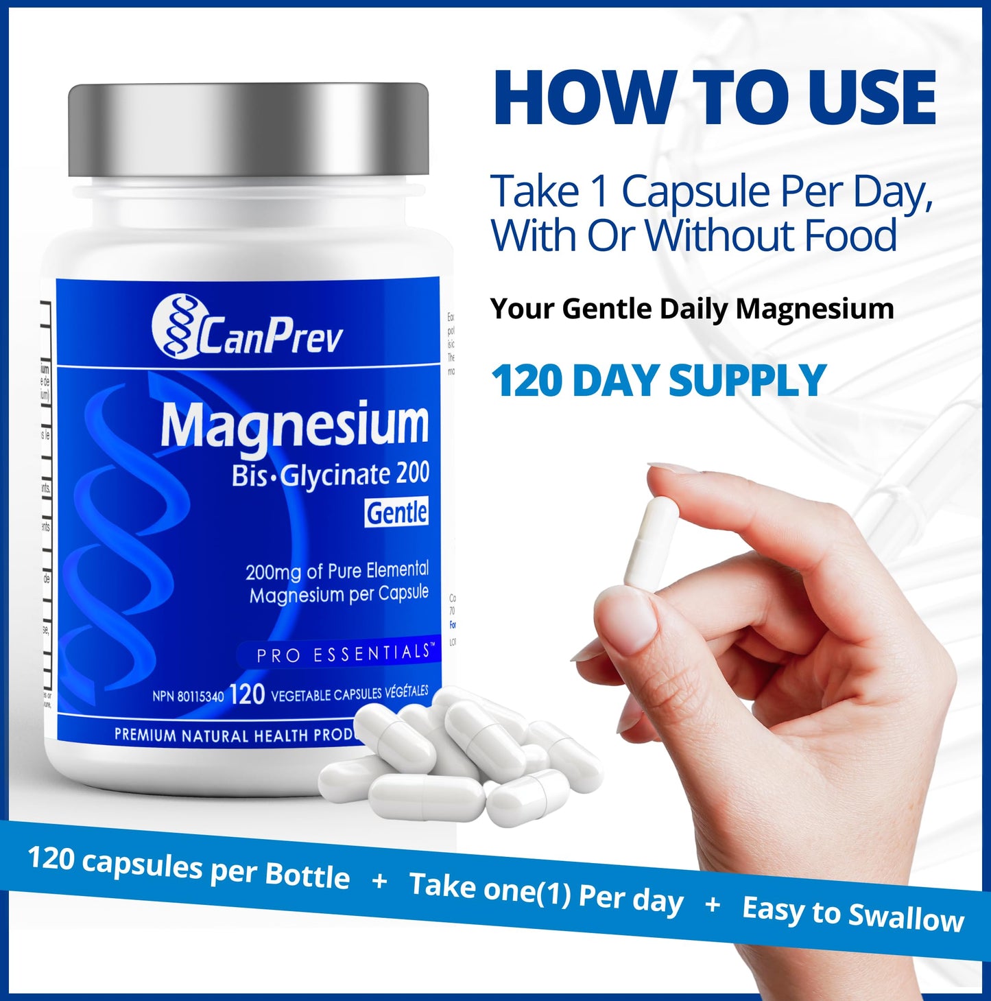 CanPrev Magnesium Bis-Glycinate Gentle 200mg, 120 V-Caps 120-Day Supply - Pure Elemental Magnesium Supplement, Supports Bone and Muscle Function, Gentle on Stomach, Perfect for Daily Magnesium Needs
