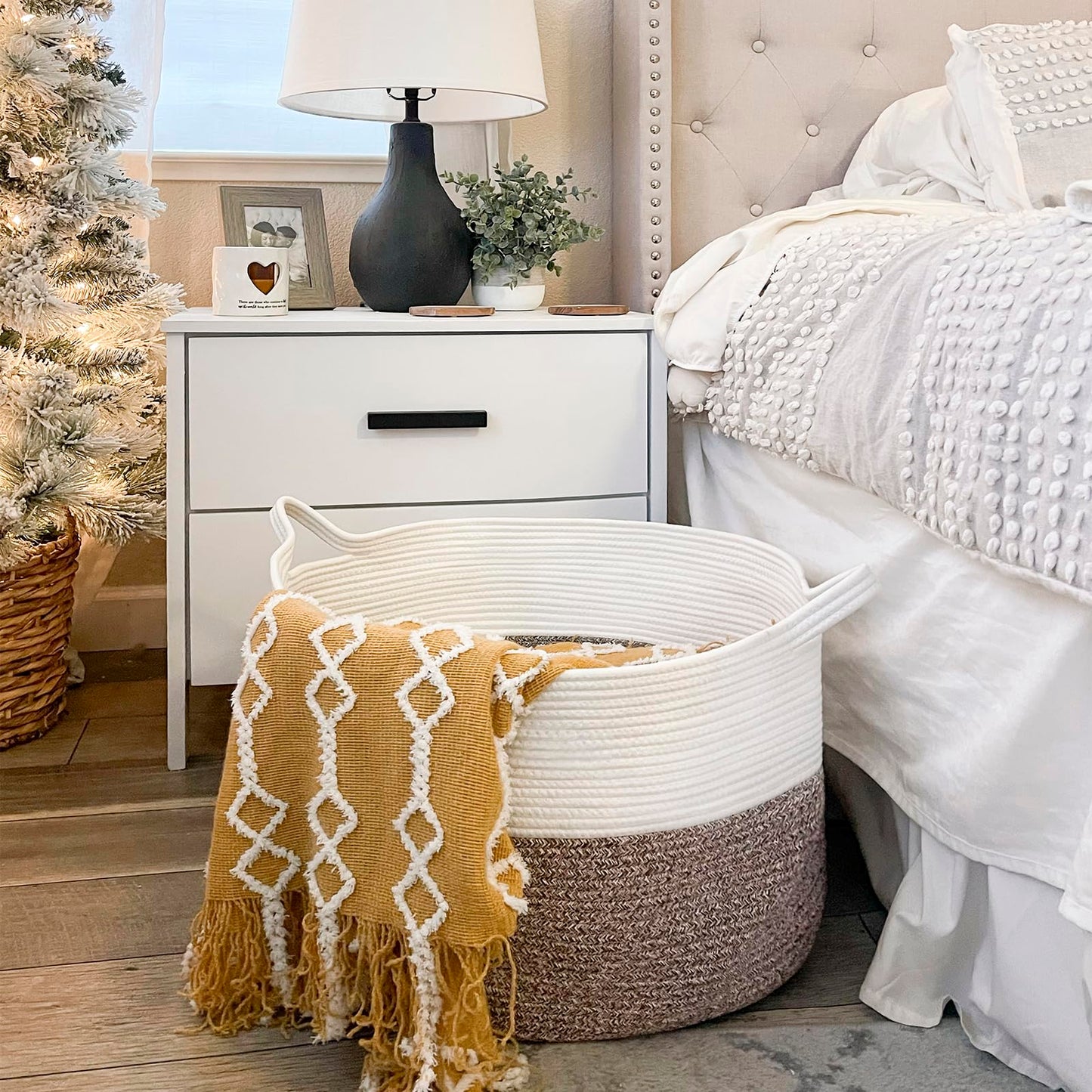 INDRESSME XXXLarge Cotton Rope Basket 21.7" x 21.7" x 13.8" Woven Laundry Basket for Blankets, Storage Basket with Handle Comforter Cushions Storage Bins Thread Laundry Hamper - Available at All In One Marketplace Canada
