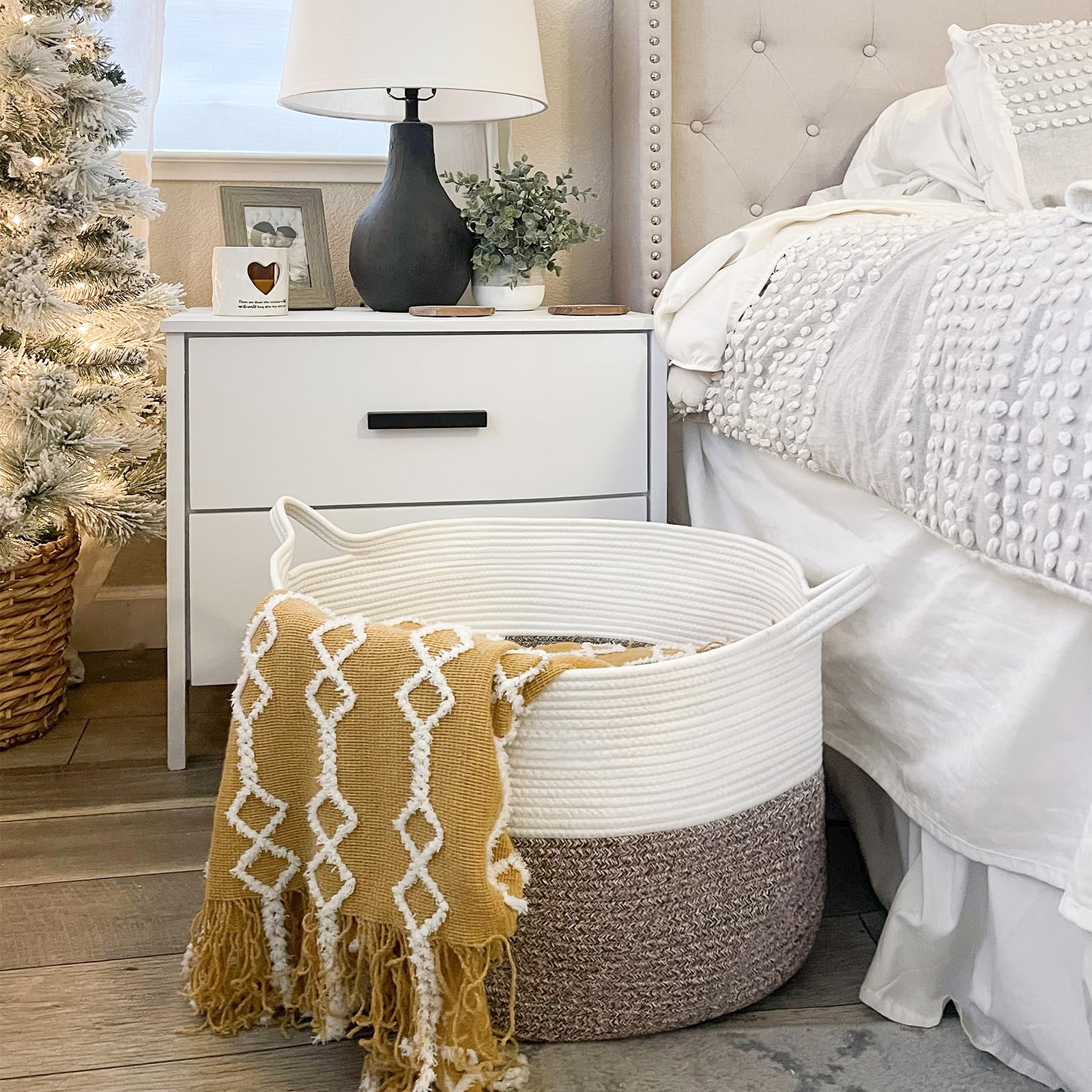 INDRESSME XXXLarge Cotton Rope Basket 21.7" x 21.7" x 13.8" Woven Laundry Basket for Blankets, Storage Basket with Handle Comforter Cushions Storage Bins Thread Laundry Hamper - Available at All In One Marketplace Canada