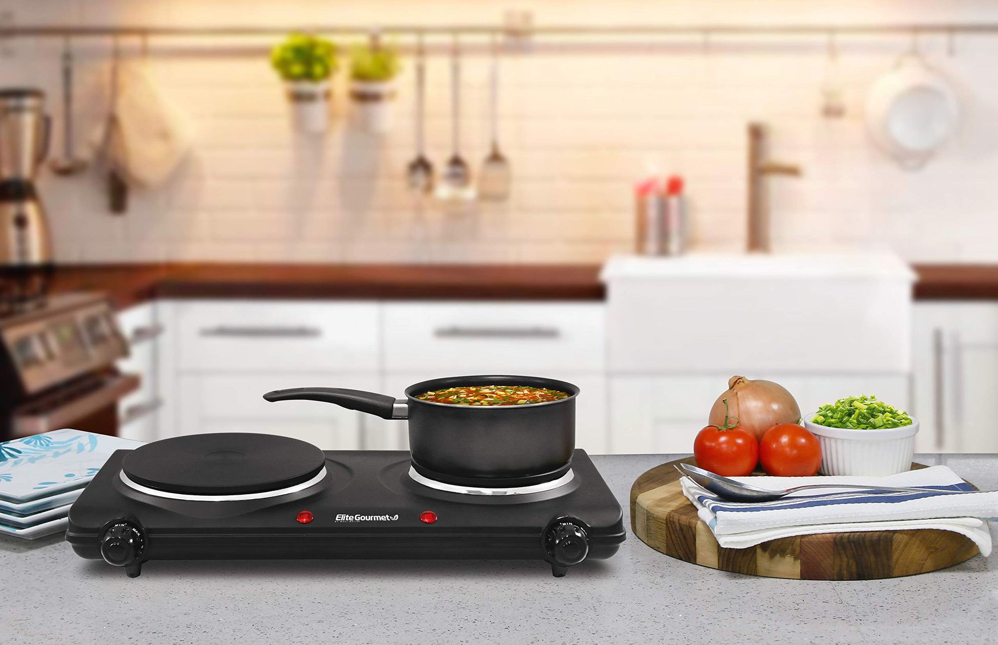 Elite Gourmet EDB-302BF Countertop Double Cast Iron Burner, 1500 Watts Electric Hot Plate, Temperature Controls, Power Indicator Lights, Easy to Clean, Black - Available at All In One Marketplace Canada