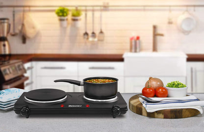 Elite Gourmet EDB-302BF Countertop Double Cast Iron Burner, 1500 Watts Electric Hot Plate, Temperature Controls, Power Indicator Lights, Easy to Clean, Black - Available at All In One Marketplace Canada