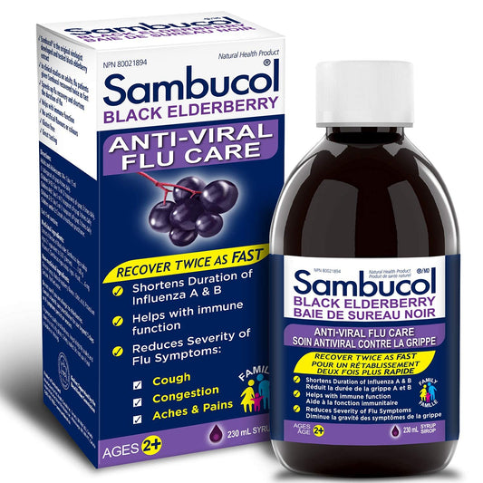 Sambucol Black Elderberry Anti-Viral Flu Care | Quickly Relieves Cold & Flu Symptoms | Immune Support & Antioxidant | Ideal for Families | Syrup, 230 mL, blue - Available at All In One Marketplace Canada