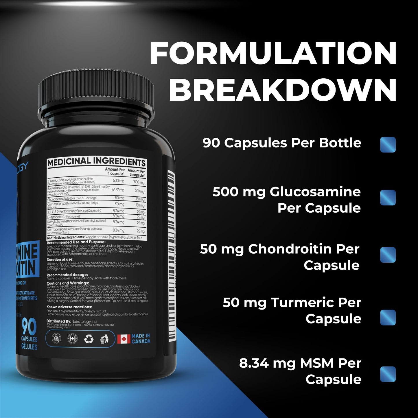 Nutratology® Glucosamine Joint Supplement with Chondroitin, MSM & Turmeric | Canadian-Made | Joint Pain Relief Supplements - 1500MG Glucosamine - Supports Healthy Joints & Cartilage - 90 Capsules - Available at All In One Marketplace Canada