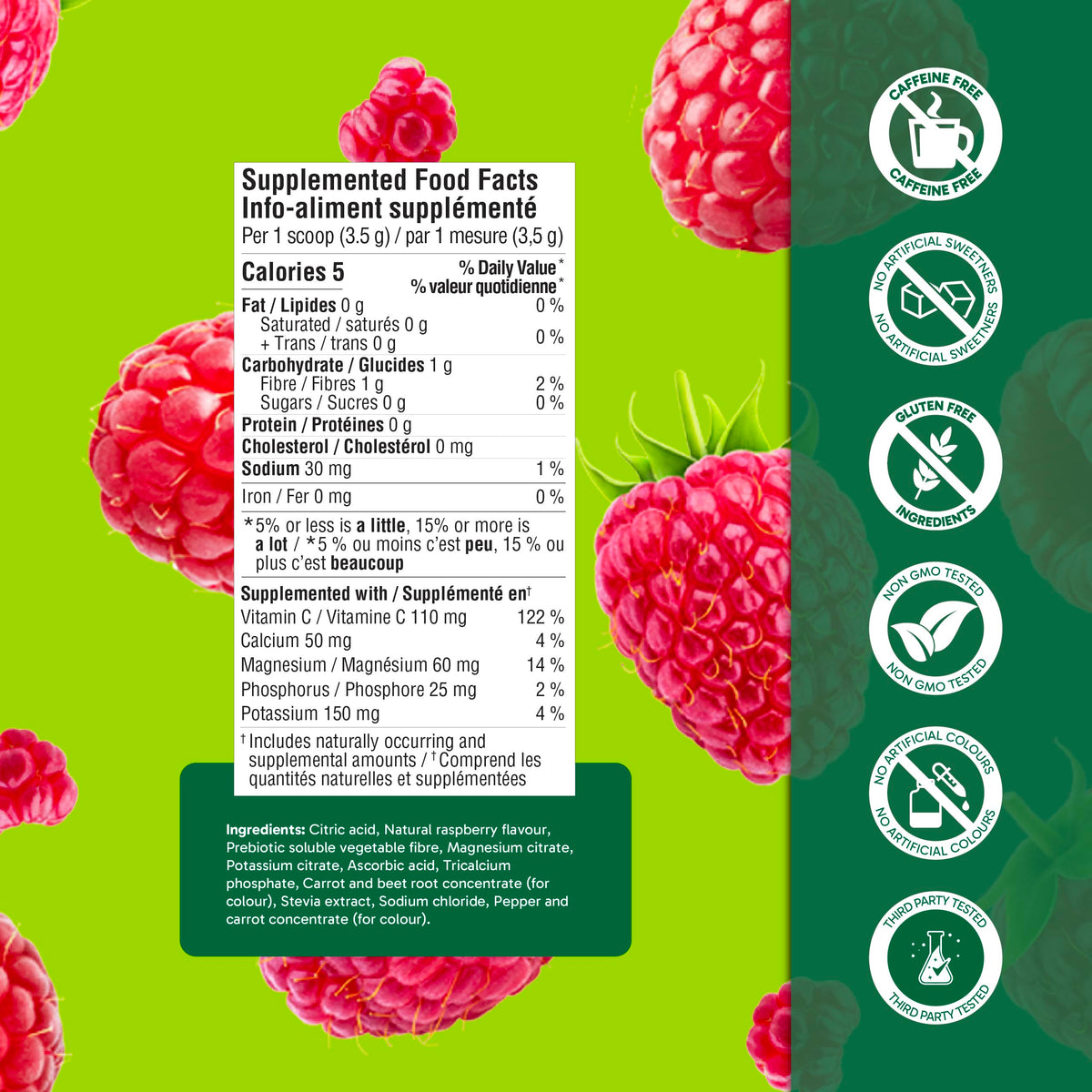 Organika Canadian-Made Electrolytes Powder | Wild Raspberry Flavour - 350g, 100 servings