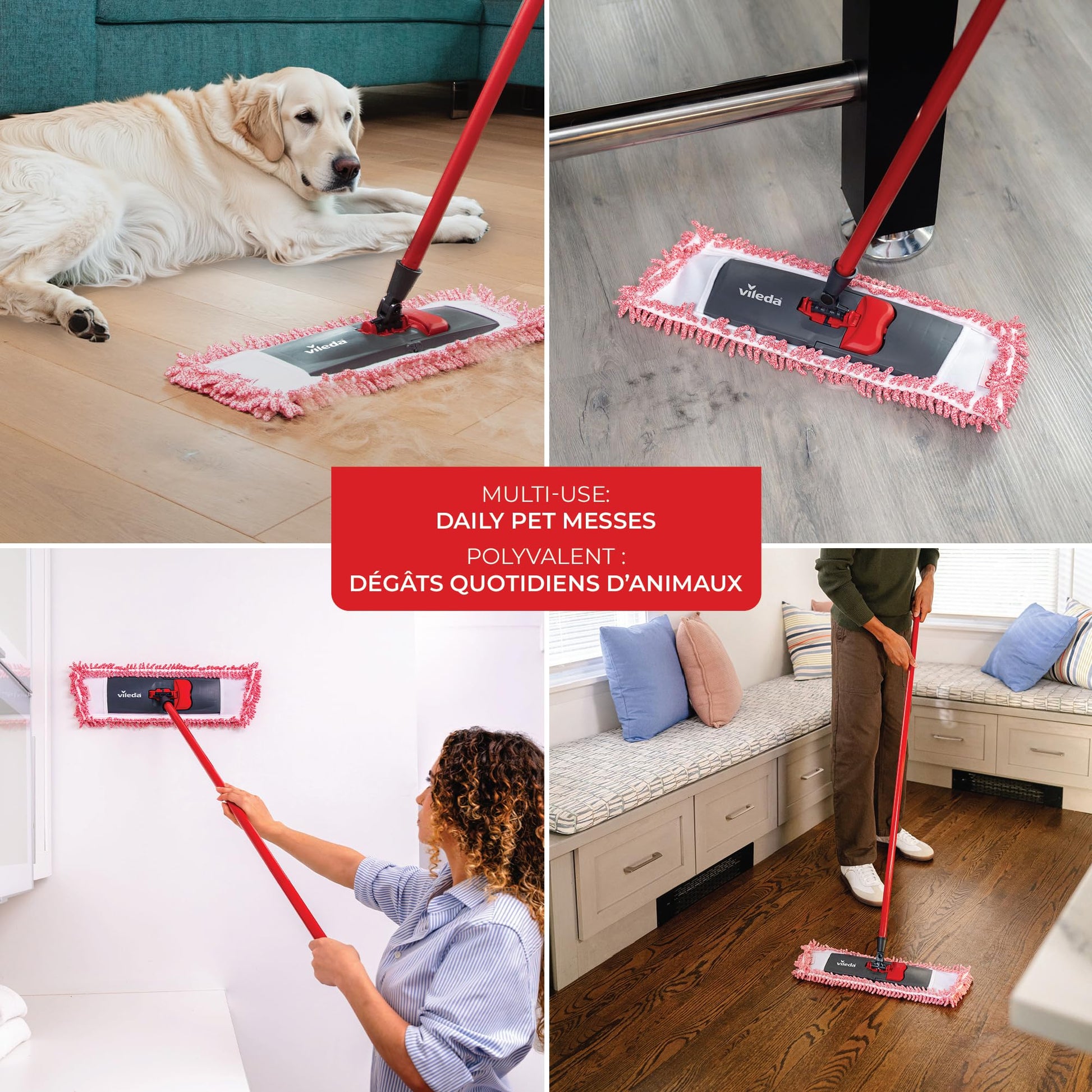 Vileda Pet Pro Microfiber Hair & Dust Mop | Flat dust mop | Three times more pet hair removal | Extra large trapezoid mop head | 100% Microfiber | Multi surface dry usage | Reusable & machine washable Vileda