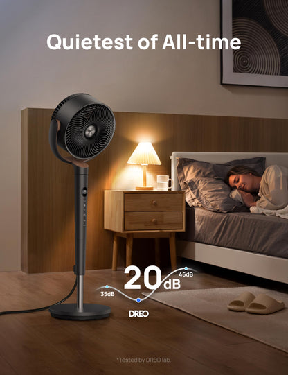 Dreo Fan for Bedroom, 120° Oscillating Standing Fans, Quiet Floor Fan with DC Motor, 100ft Pedestal Fans for Room, 9 Speeds, 4 modes, 20dB, 120° Manual Vertical, 37-42" Adjustable Height, 9H Timer