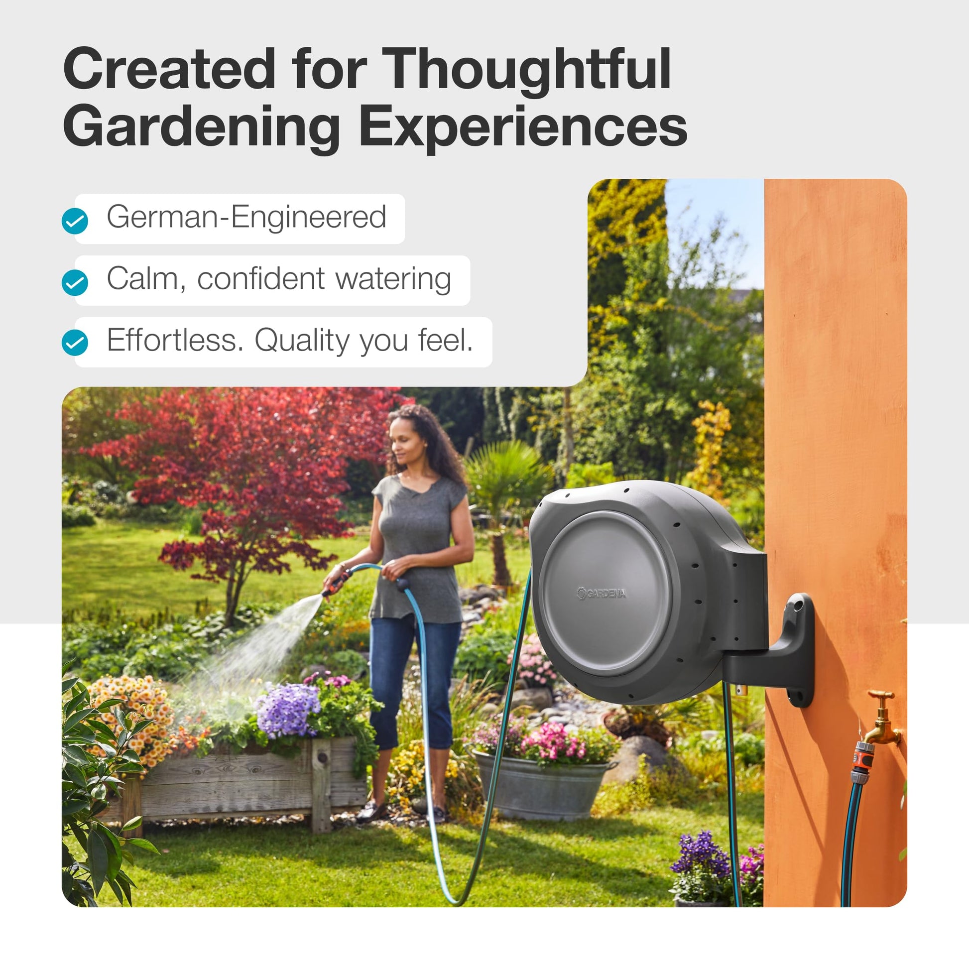 GARDENA 20505-80, 100 Foot Wall Mounted Retractable Reel with Hose Guide, Automatic retraction for Easy Watering,1/2" Hose.