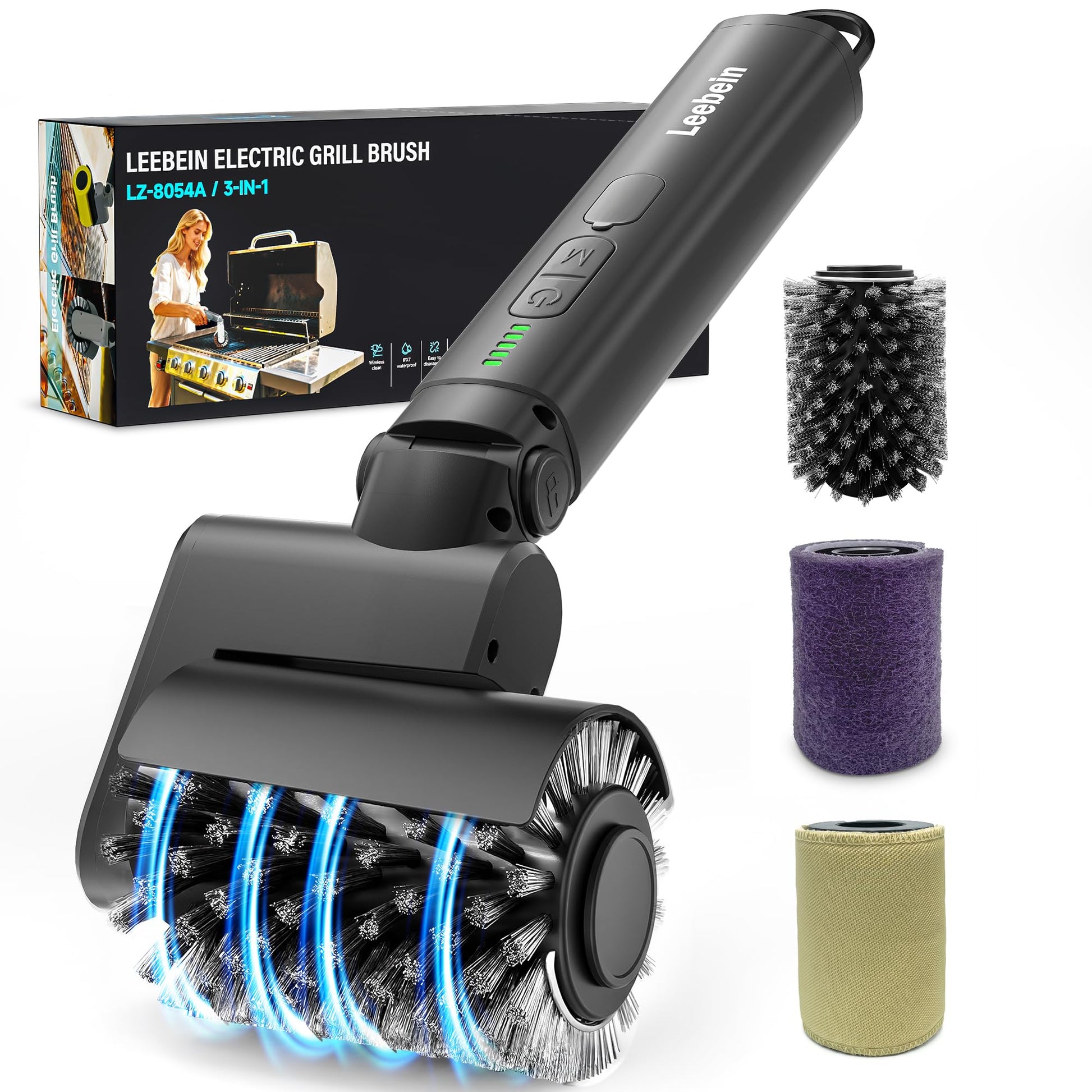 Leebein Electric Grill Brush for Outdoor, 2026 New BBQ Grill Cleaner with 3 Heads, 3-Speed & Angle Adjust Cordless Rotary Grill Brush, 150 Mins Runtime Grill Cleaning Brush for Barbecue Grates