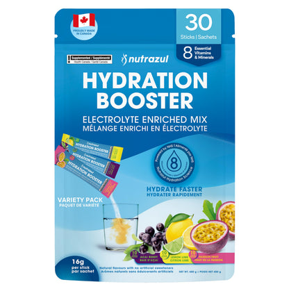 Nutrazul Hydration Booster, Electrolytes Powder Sticks with Sodium, Potassium, Vitamin B6 & B12, No Artificial Sweeteners, Acai Berry, Lemon Lime, Passion Fruit Flavour, 30 Sticks - Available at All In One Marketplace Canada
