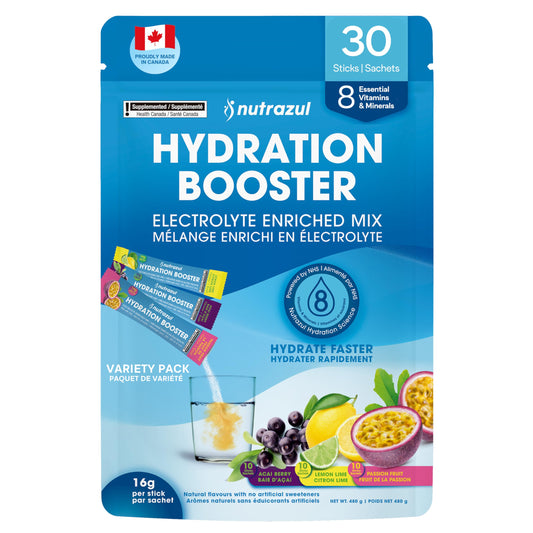 Nutrazul Hydration Booster, Electrolytes Powder Sticks with Sodium, Potassium, Vitamin B6 & B12, No Artificial Sweeteners, Acai Berry, Lemon Lime, Passion Fruit Flavour, 30 Sticks - Available at All In One Marketplace Canada