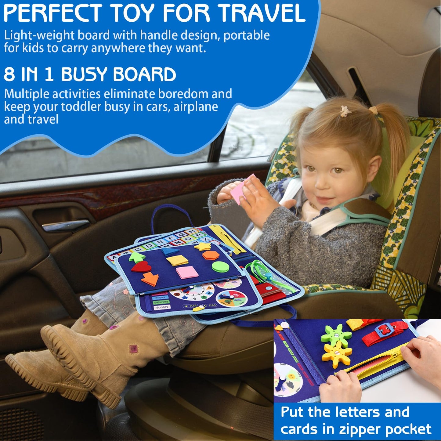 Esjay Busy Board for Toddlers, Montessori Toys for Boys, Sensory Book Toy Educational Activities for Fine Motor Skills Learning, Birthday Gifts for Boys Toddler, Toys for Travel Airplane Car