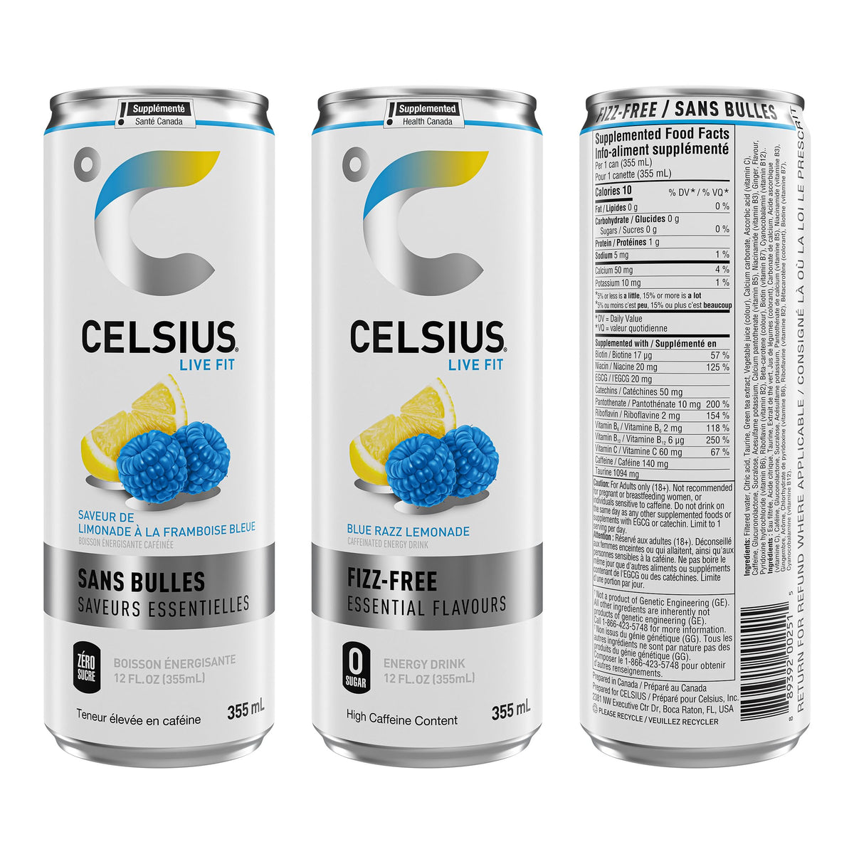 CELSIUS Fizz Free Blue Razz Lemonade, Zero Sugar Energy Drink, 335ml Cans (Pack of 12)