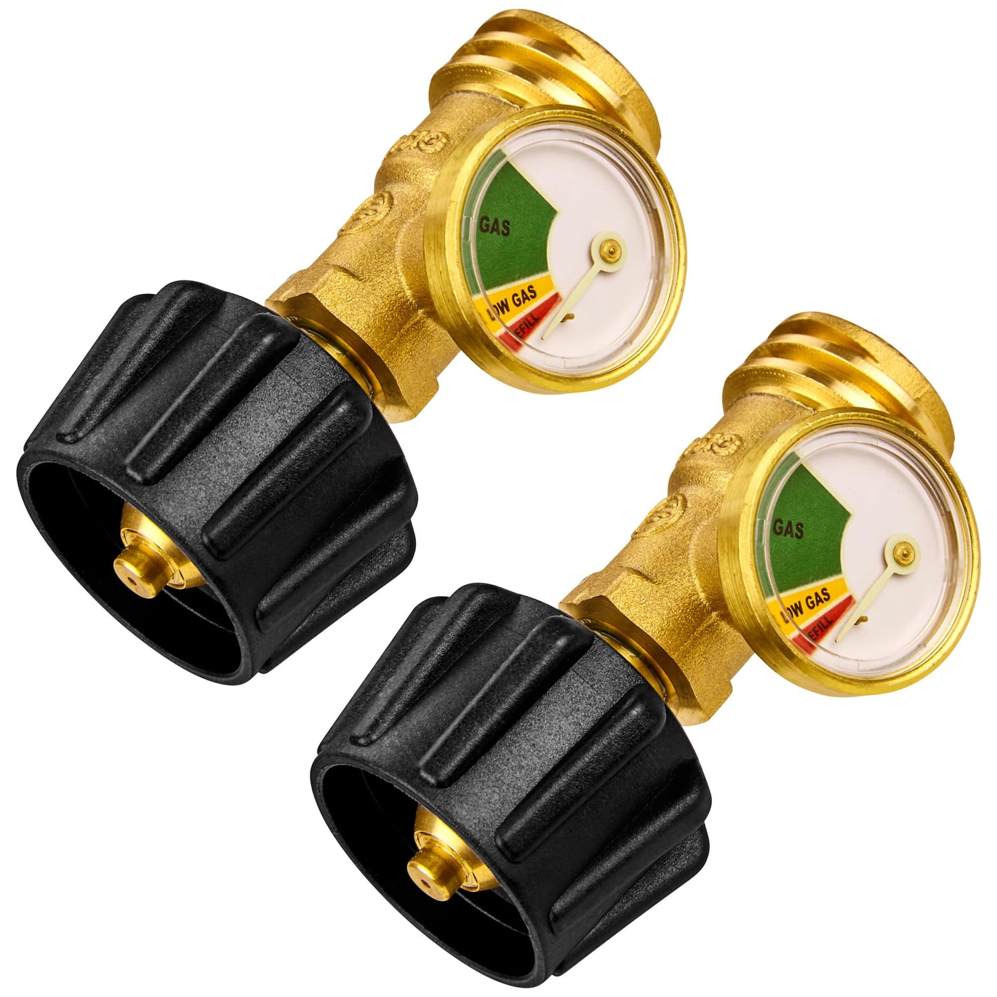 Flame King Propane Tank Gauge Level Indicator, Leak Detector Gas Pressure Meter, Color Coded & Glows in The Dark, Universal for All Cylinders, Solid Brass (2-Pack) Flame King