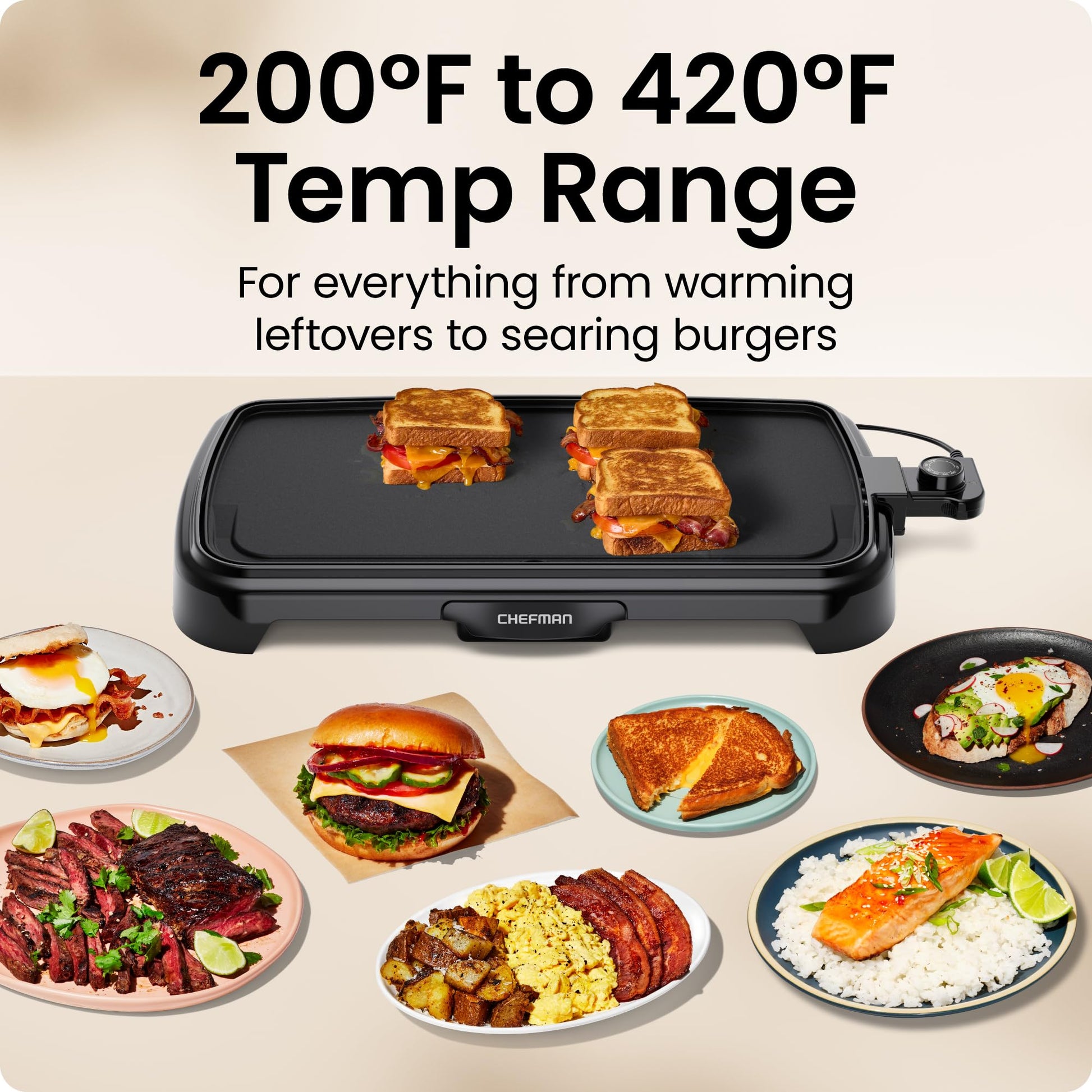 Chefman XL Electric Griddle with Removable Temperature Control, Immersible Flat Top Grill, Burger, Eggs, Pancake Griddle, Nonstick Extra Large Cooking Surface, Slide Out Drip Tray, 25 x 51 CM - Available at All In One Marketplace Canada