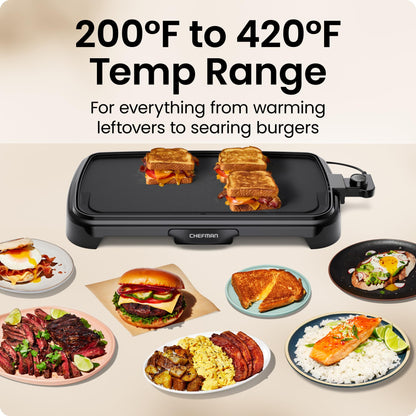 Chefman XL Electric Griddle with Removable Temperature Control, Immersible Flat Top Grill, Burger, Eggs, Pancake Griddle, Nonstick Extra Large Cooking Surface, Slide Out Drip Tray, 25 x 51 CM - Available at All In One Marketplace Canada