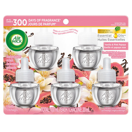 Air Wick Plug In Scented Oil Air Freshener Refills for Home – Infused with Essential Oils – 5 Count – Vanilla & Pink Papaya Scent - Available at All In One Marketplace Canada