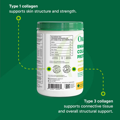 Organika Canadian-Made Enhanced Collagen Protein Powder- Lemon - For Healthy Hair, Skin, Nails, Joints - Hydrolyzed Peptides For Better Absorption – Grass-Fed, Non-GMO - 252g